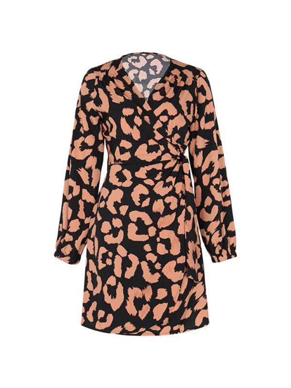 Wrap Dresses- Abstract Print Long Sleeve Wrap Dress- - IndioGear Clothing and Gear