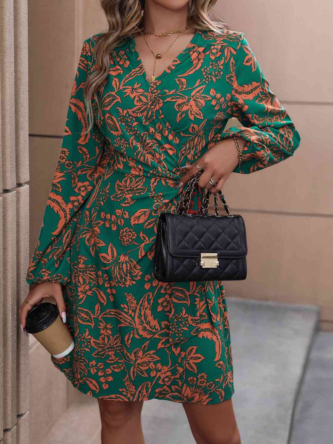 Wrap Dresses- Wrap It Up: Lantern Sleeve Floral Dress for Autumn- - IndioGear Clothing and Gear