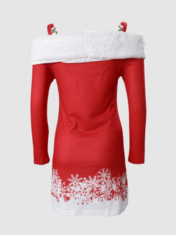 Xmas Dresses- Faux Fur Off-The-Shoulder Santa Claus Dress for Xmas- - IndioGear Clothing and Gear