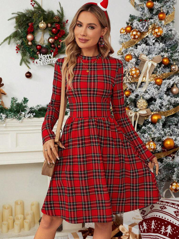 Xmas Dresses- Holiday Season Essential: Plaid Christmas Dress with Long Sleeves- Red- IndioGear Clothing and Gear