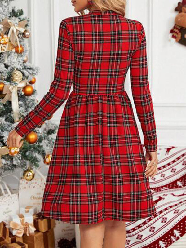 Xmas Dresses- Holiday Season Essential: Plaid Christmas Dress with Long Sleeves- - IndioGear Clothing and Gear