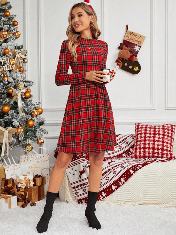 Xmas Dresses- Holiday Season Essential: Plaid Christmas Dress with Long Sleeves- - IndioGear Clothing and Gear