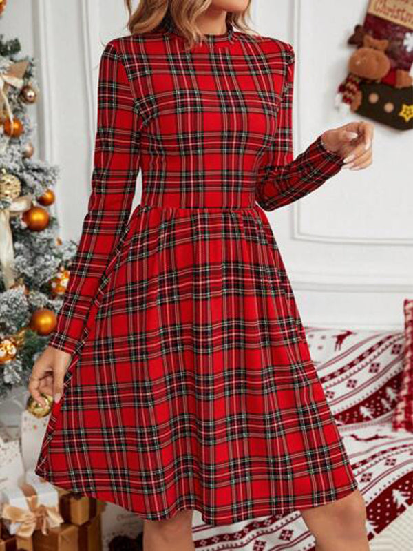 Xmas Dresses- Holiday Season Essential: Plaid Christmas Dress with Long Sleeves- - IndioGear Clothing and Gear