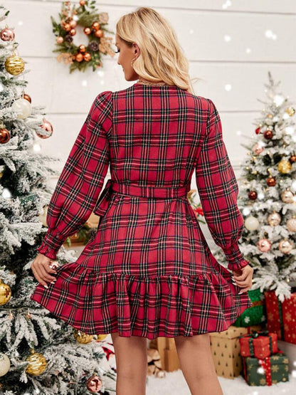 Xmas Dresses- Plaid Holiday Wrap Dress for Thanksgiving and Christmas- - IndioGear Clothing and Gear