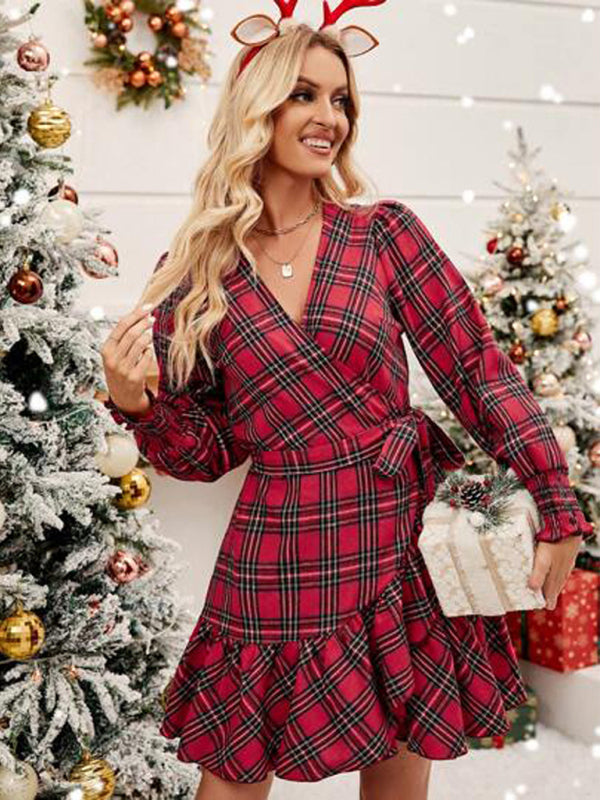 Xmas Dresses- Plaid Holiday Wrap Dress for Thanksgiving and Christmas- - IndioGear Clothing and Gear