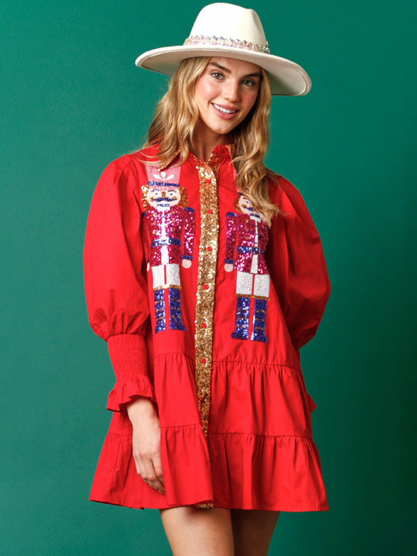 Xmas Dresses- Seasonal Sparkle Christmas Long Sleeve Sequin Patchwork Xmas Dress- Red- IndioGear Clothing and Gear