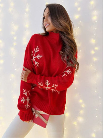 Xmas Sweaters- Xmas Snowflakes High-Neck Cozy Thanksgivings Sweater- Red- IndioGear Clothing and Gear