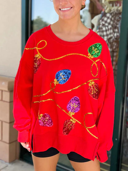 Xmas Sweatshirt- Holiday Sparkly Lights Drop Shoulder Sweatshirt- Red- IndioGear Clothing and Gear