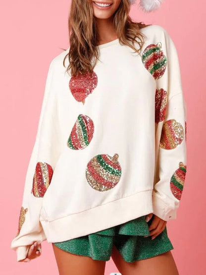 Xmas Sweatshirts- Celebration Embroidered Sequin Patchwork Sweatshirt for Christmas & Thanksgiving- White- IndioGear Clothing and Gear