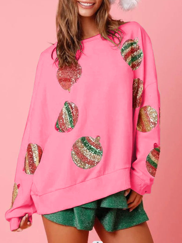 Xmas Sweatshirts- Celebration Embroidered Sequin Patchwork Sweatshirt for Christmas & Thanksgiving- Pink- IndioGear Clothing and Gear