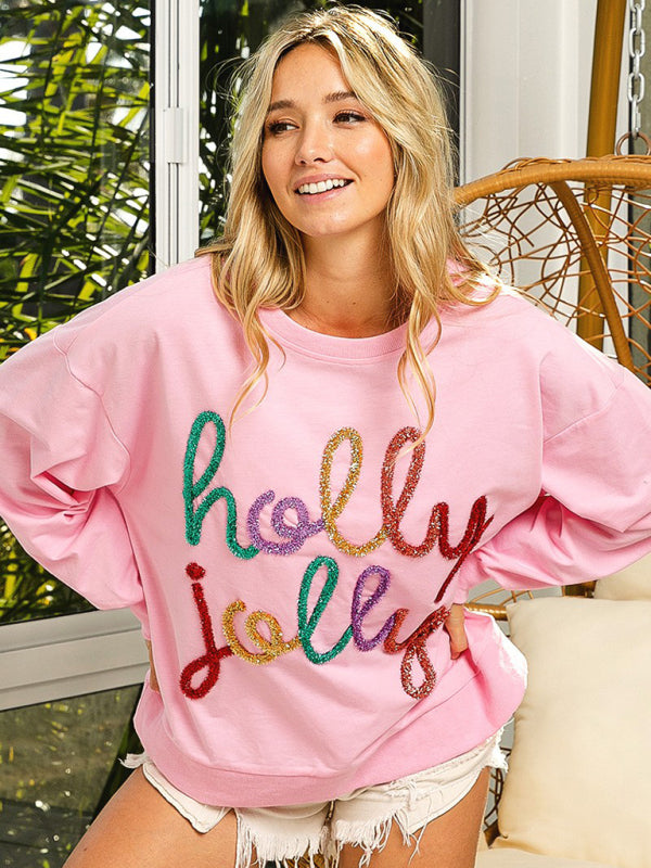 Xmas Sweatshirts- Holly Jolly Oversized Sweatshirt for Thanksgiving & Christmas- Pink- IndioGear Clothing and Gear