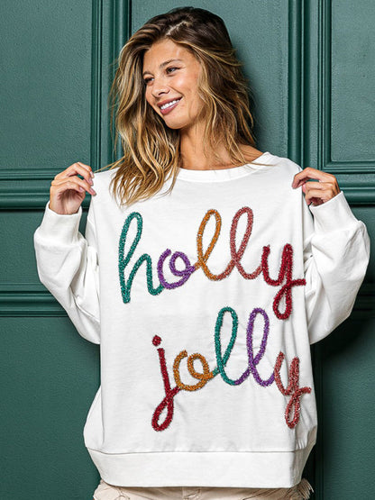 Xmas Sweatshirts- Holly Jolly Oversized Sweatshirt for Thanksgiving & Christmas- White- IndioGear Clothing and Gear