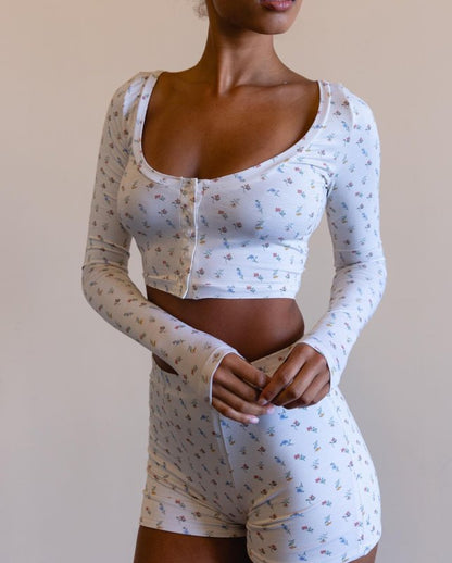 Spring Floral Print Fitted Cotton Blend Loungewear - Long Sleeve Crop Top & Shorts