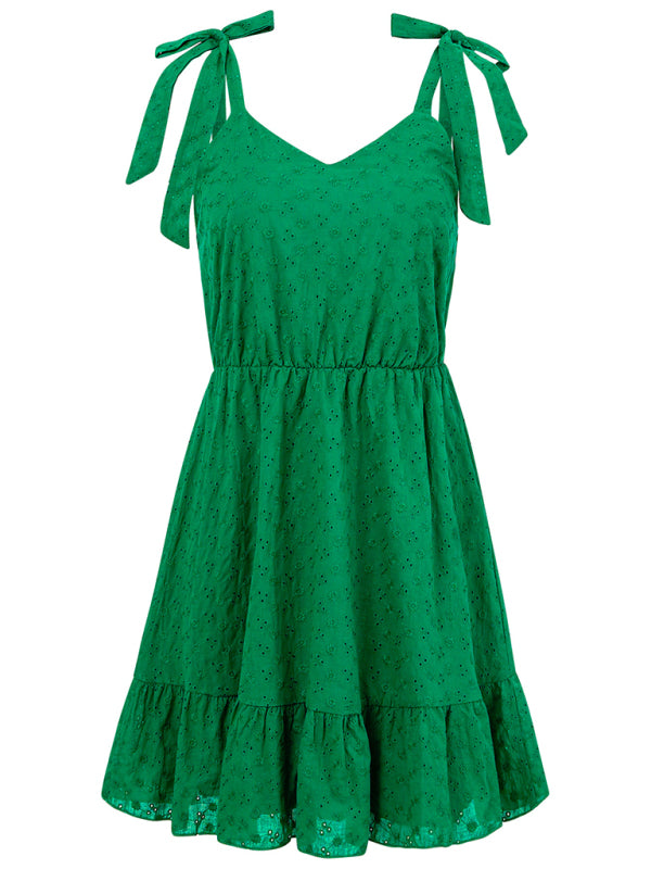 sundresses- Summer Eyelet Tie-Shoulder A-Line Mini Dress with Ruffle Hem- - IndioGear Fashion and Gear