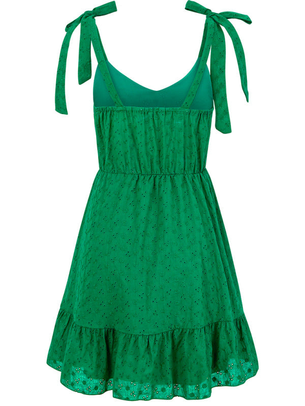 sundresses- Summer Eyelet Tie-Shoulder A-Line Mini Dress with Ruffle Hem- - IndioGear Fashion and Gear