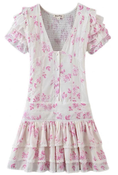 Dress- Summer Floral Smocked Ruffle Tiered Mini Dress- Pink- IndioGear Fashion and Gear